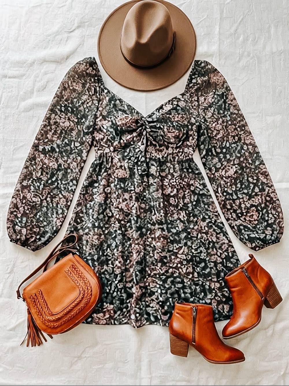 Floral Long-Sleeve Tie-Front Mini Dress